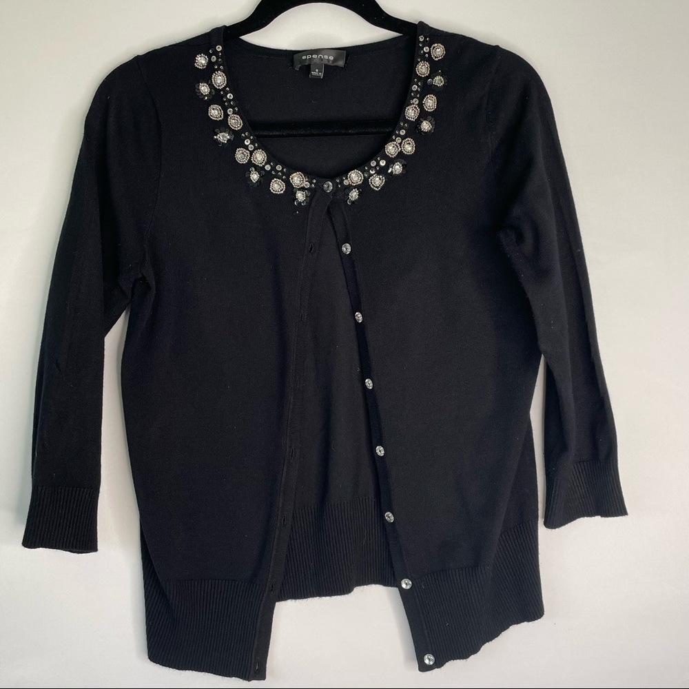 SPENSE Women's Black Embellished 3/4 Sleeve knit Cardigan Size Small